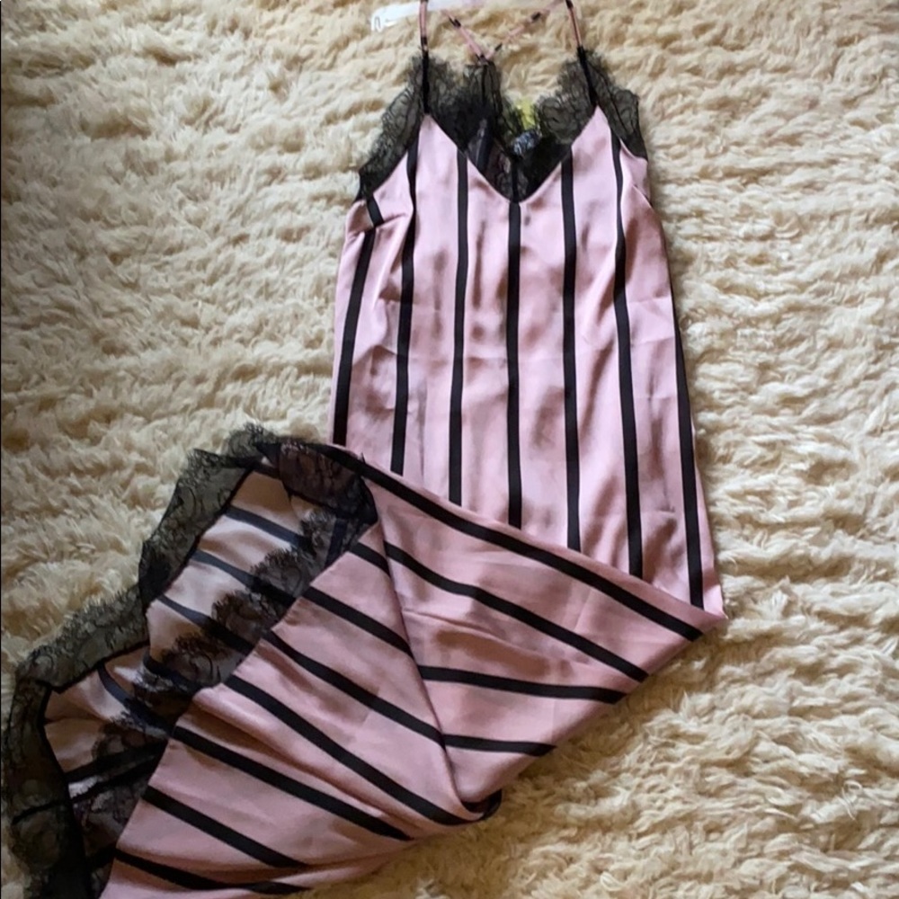 Silk blend long slip pajama pink black stripe NWT